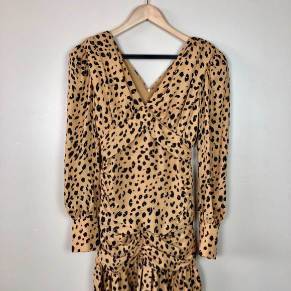 Puff sleeve leopard printed silk ruffle mini dress - size 0 - Modern 80s style - Picture 4 of 16